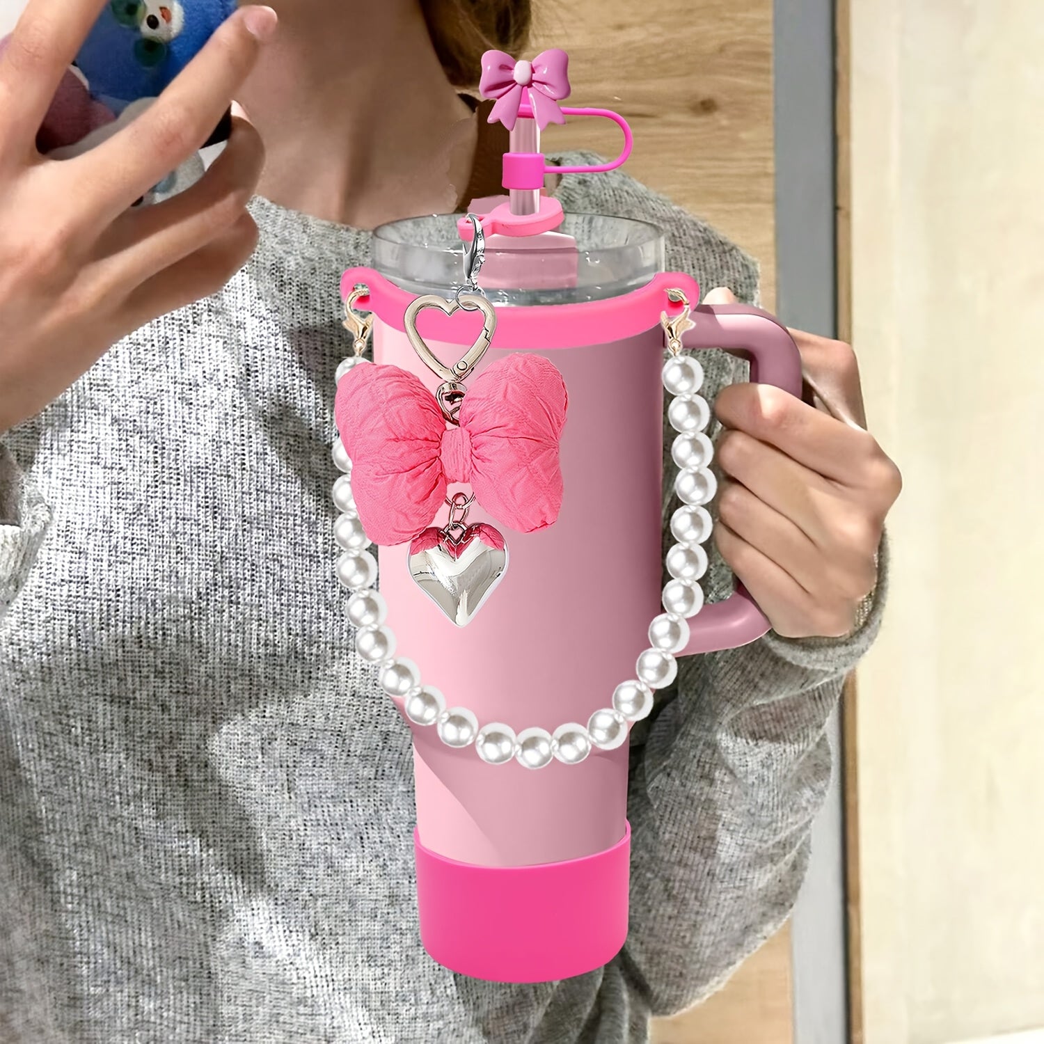 9pcs Elegant Pink & White Water Bottle Accessories Set - Pearl Embellished Straps, Resin Bows, Silicone Boot Covers, Spill-Stopper Lids for Ideal Valentine'S Day, Mother'S Day & Birthday Gifts, Water Bottle Accessories | Eleg
